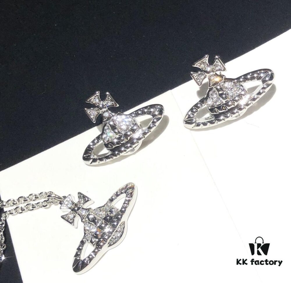 Vivienne Westwood Saturn Planet Set Crown Earrings and Necklace, Celebrity Style, Custom Diamond-Inlaid Saturn Design, Fashion Trendsetter