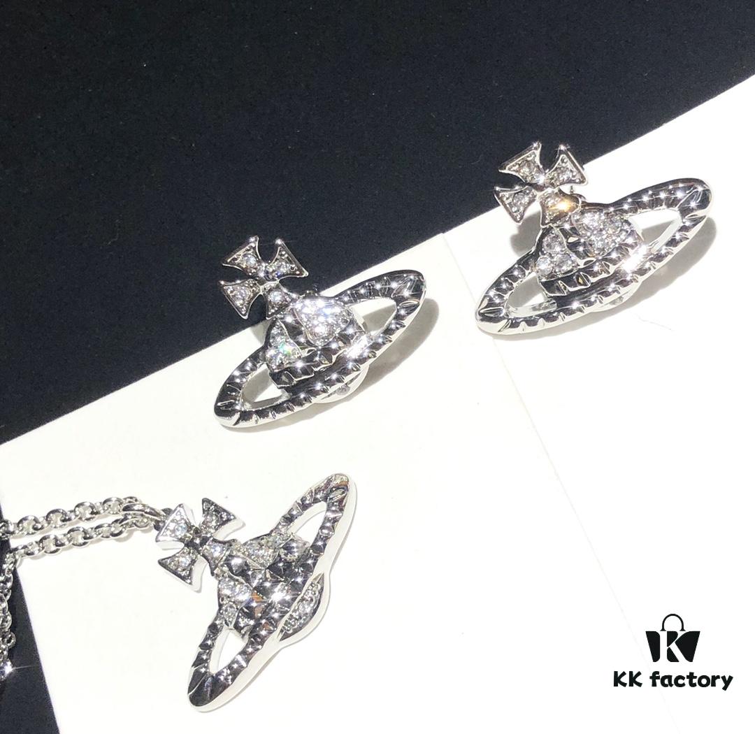 Vivienne Westwood Saturn Planet Set Crown Earrings and Necklace, Celebrity Style, Custom Diamond-Inlaid Saturn Design, Fashion Trendsetter