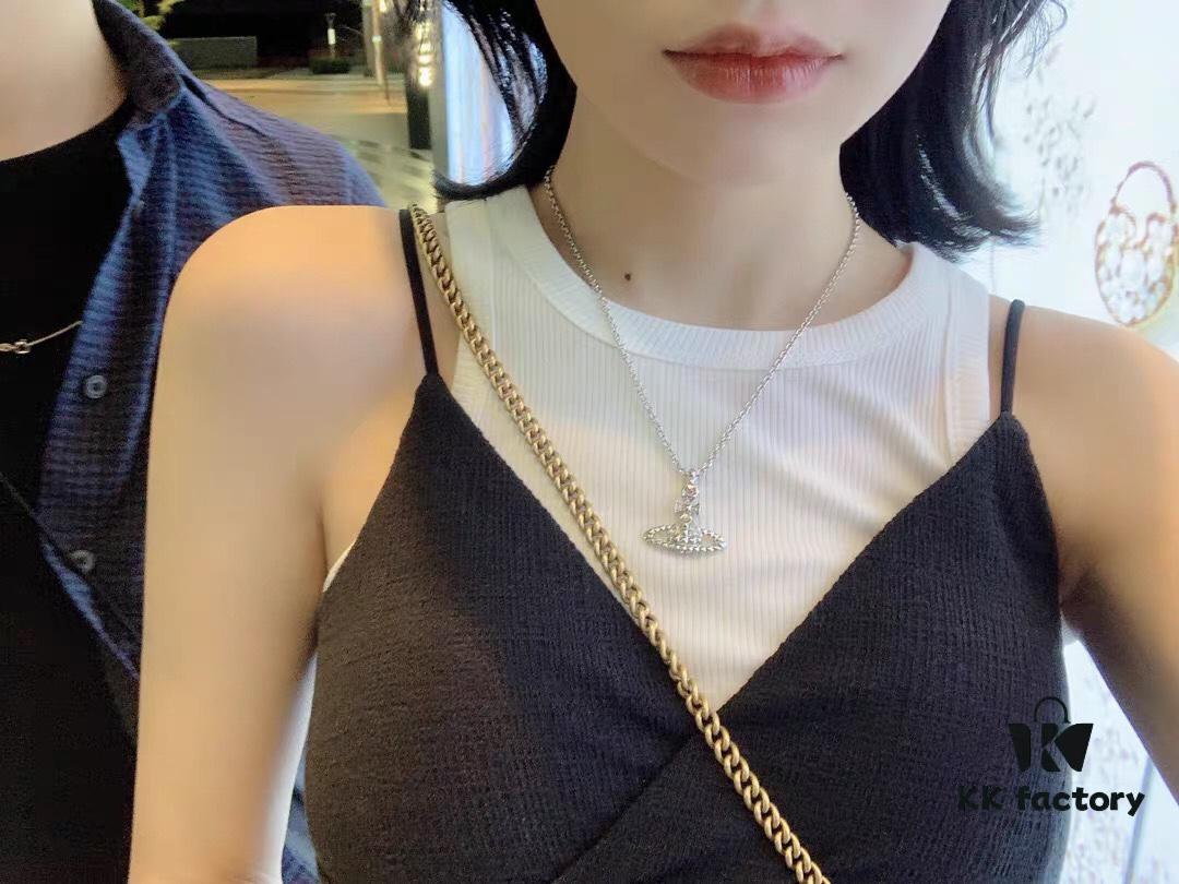 Vivienne Westwood Saturn Planet Set Crown Earrings and Necklace, Celebrity Style, Custom Diamond-Inlaid Saturn Design, Fashion Trendsetter