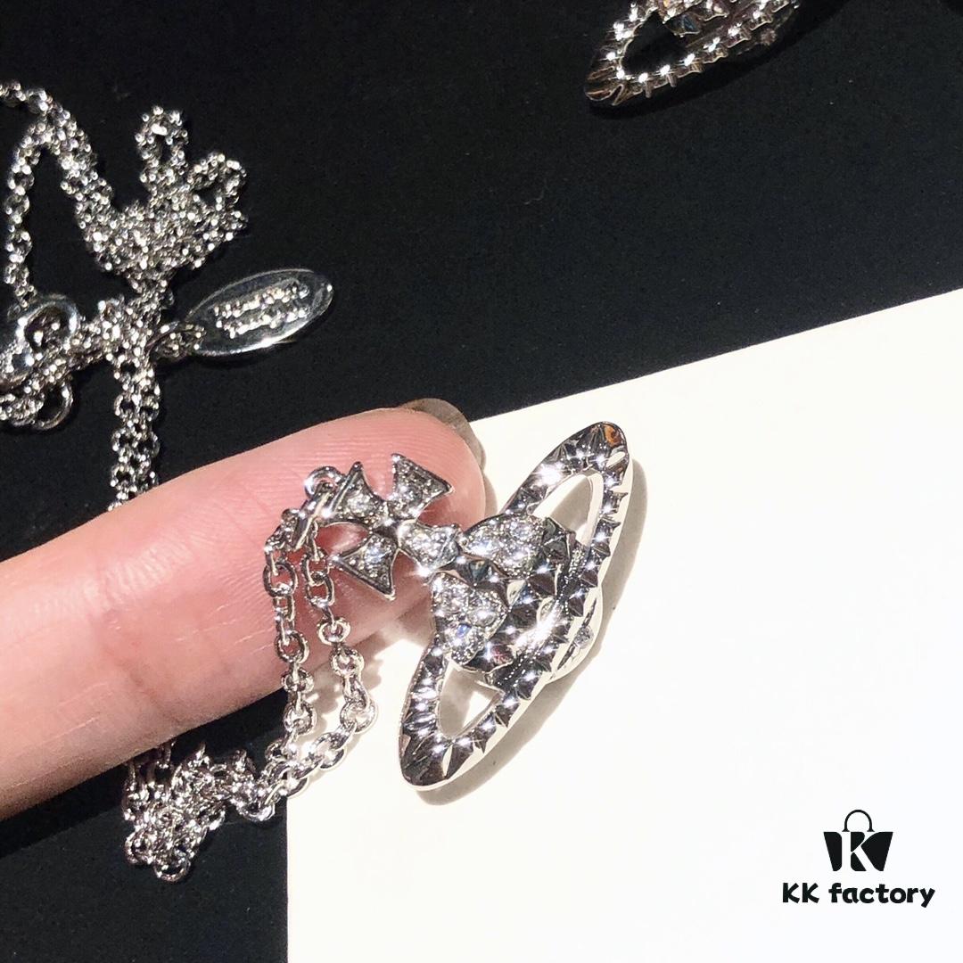 Vivienne Westwood Saturn Planet Set Crown Earrings and Necklace, Celebrity Style, Custom Diamond-Inlaid Saturn Design, Fashion Trendsetter