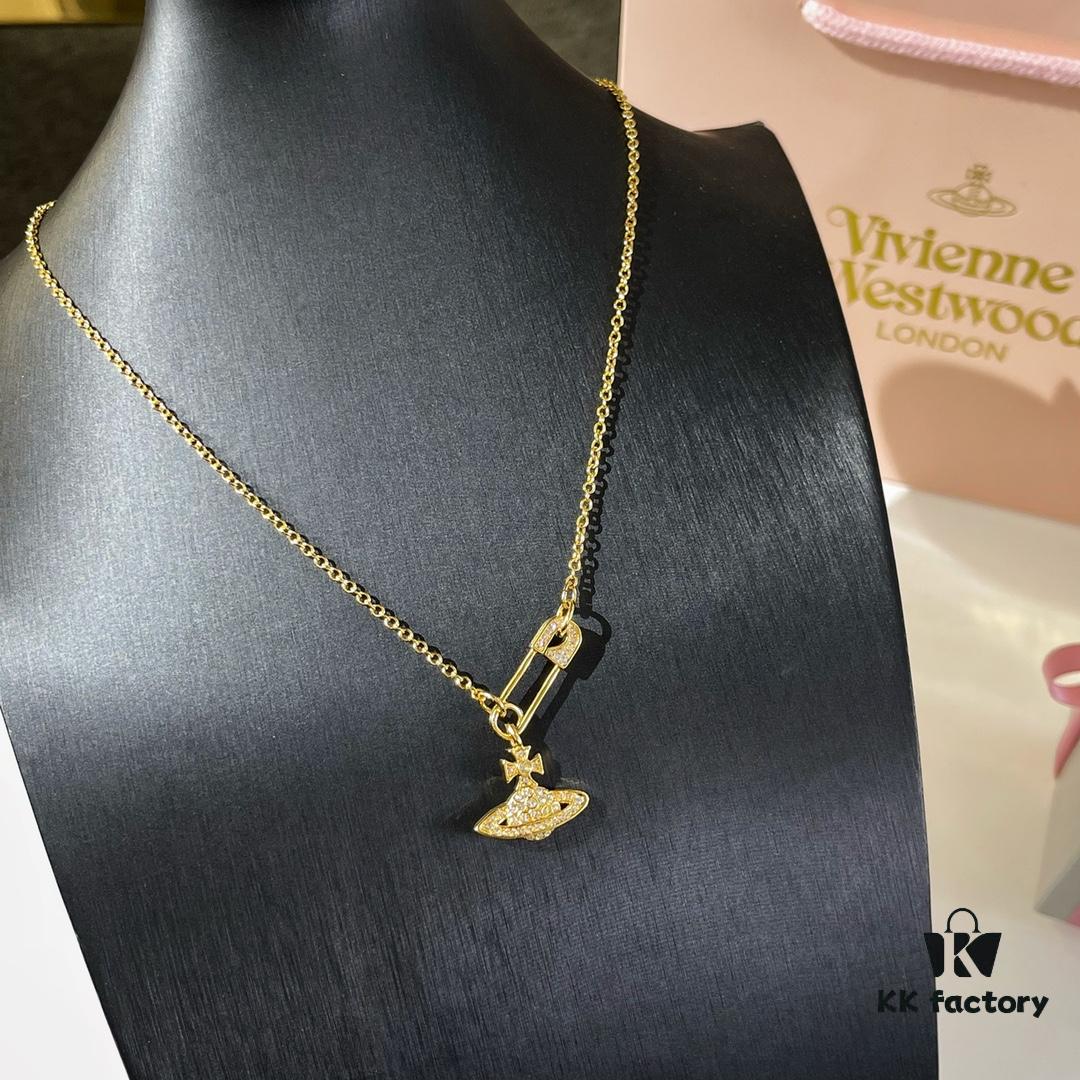 New Arrival☑️ Vivienne Westwood Saturn Necklace with Full Diamond Pin Pendant