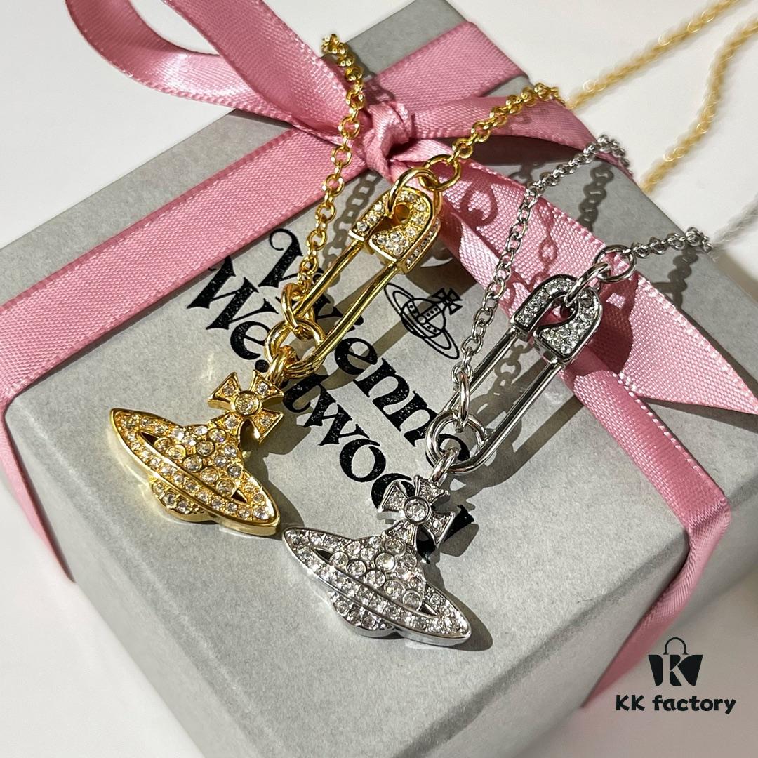 New Arrival☑️ Vivienne Westwood Saturn Necklace with Full Diamond Pin Pendant