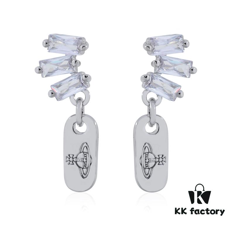 West Queen Square Zircon Dangle Rectangular Stud Earrings - Silver