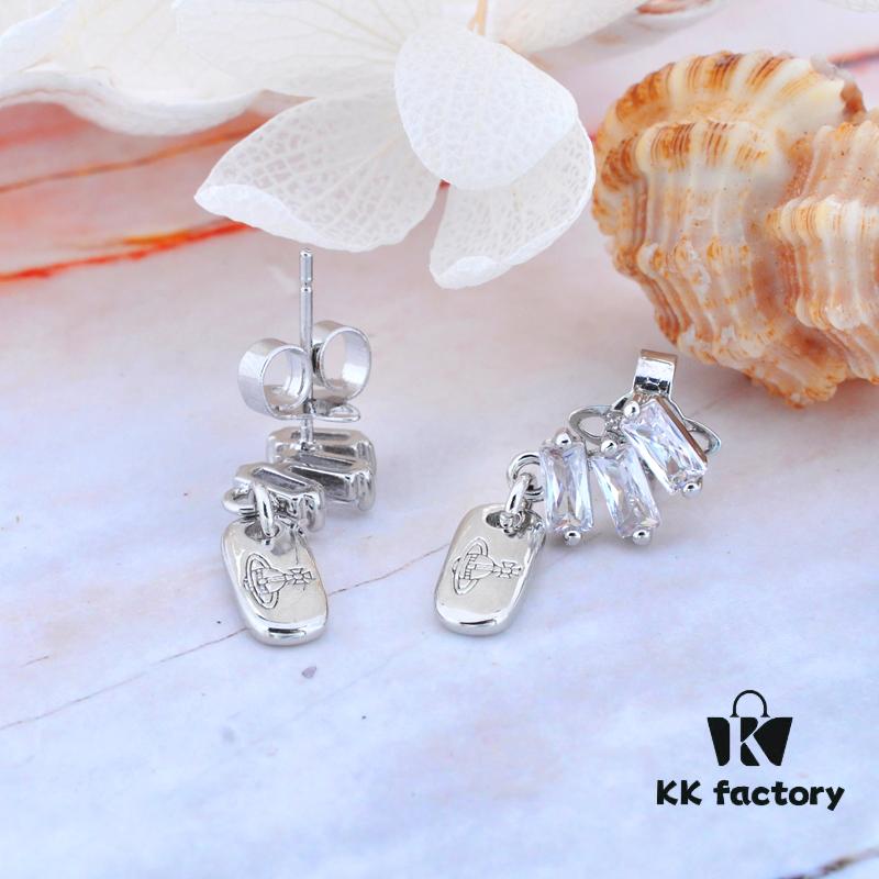 West Queen Square Zircon Dangle Rectangular Stud Earrings - Silver