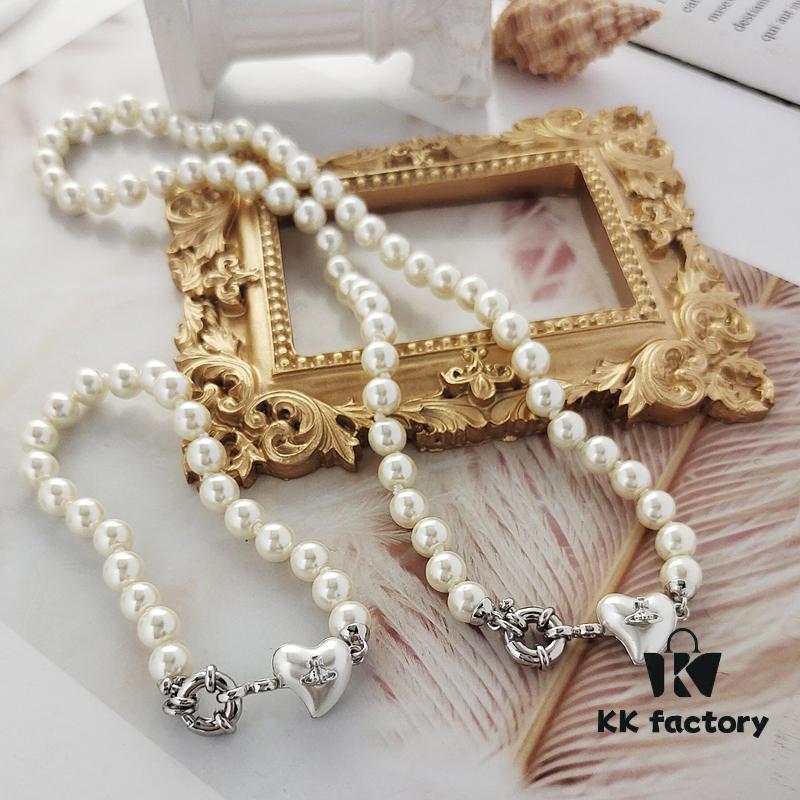 Vivienne Westwood Small Resin Heart Pearl Necklace - Silver