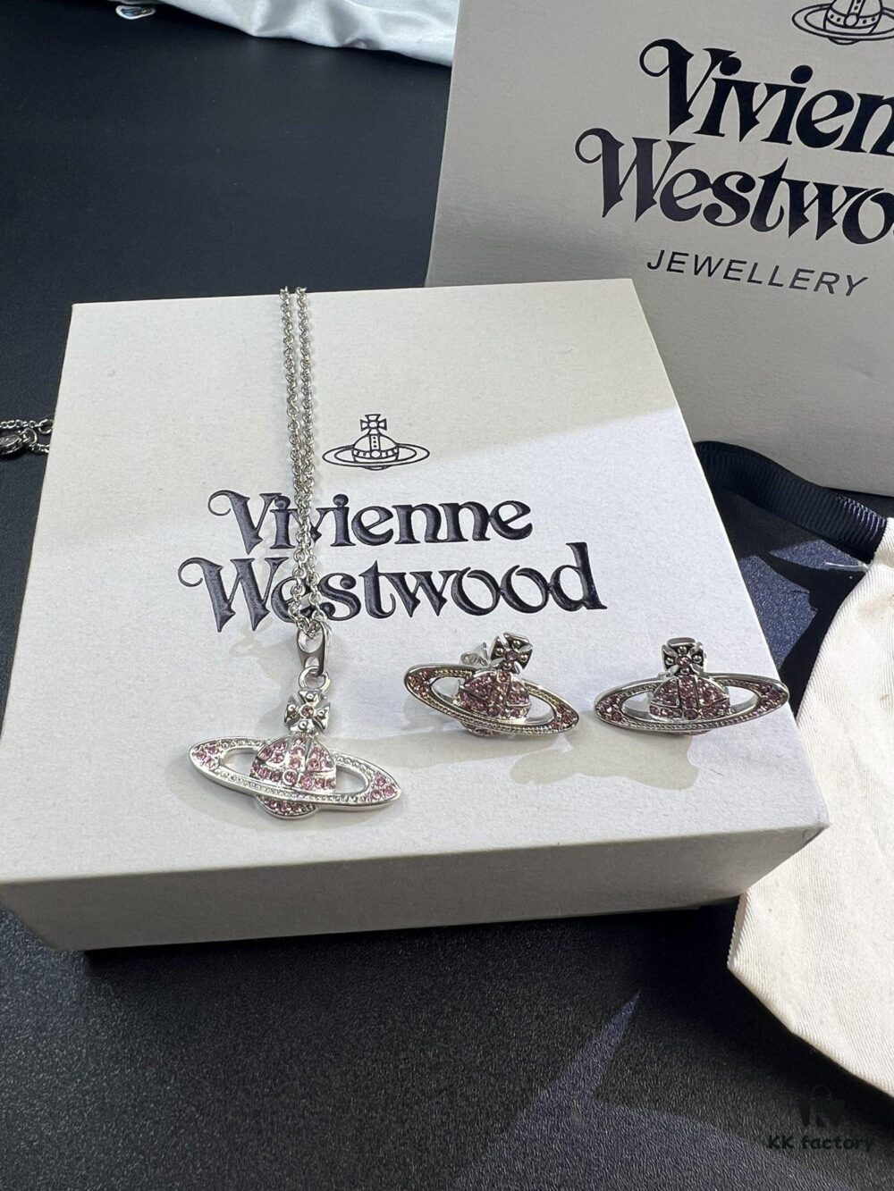 Lady Vengeance Pink Diamond Saturn Necklace and Stud Earrings Set In Stock