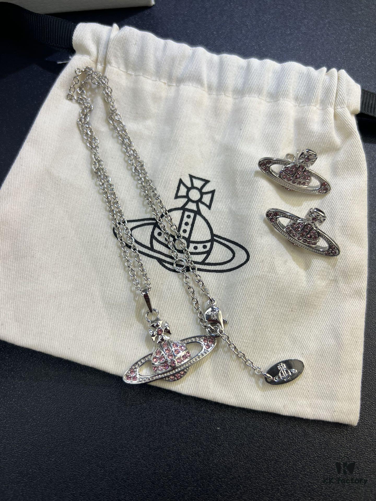 Lady Vengeance Pink Diamond Saturn Necklace and Stud Earrings Set In Stock