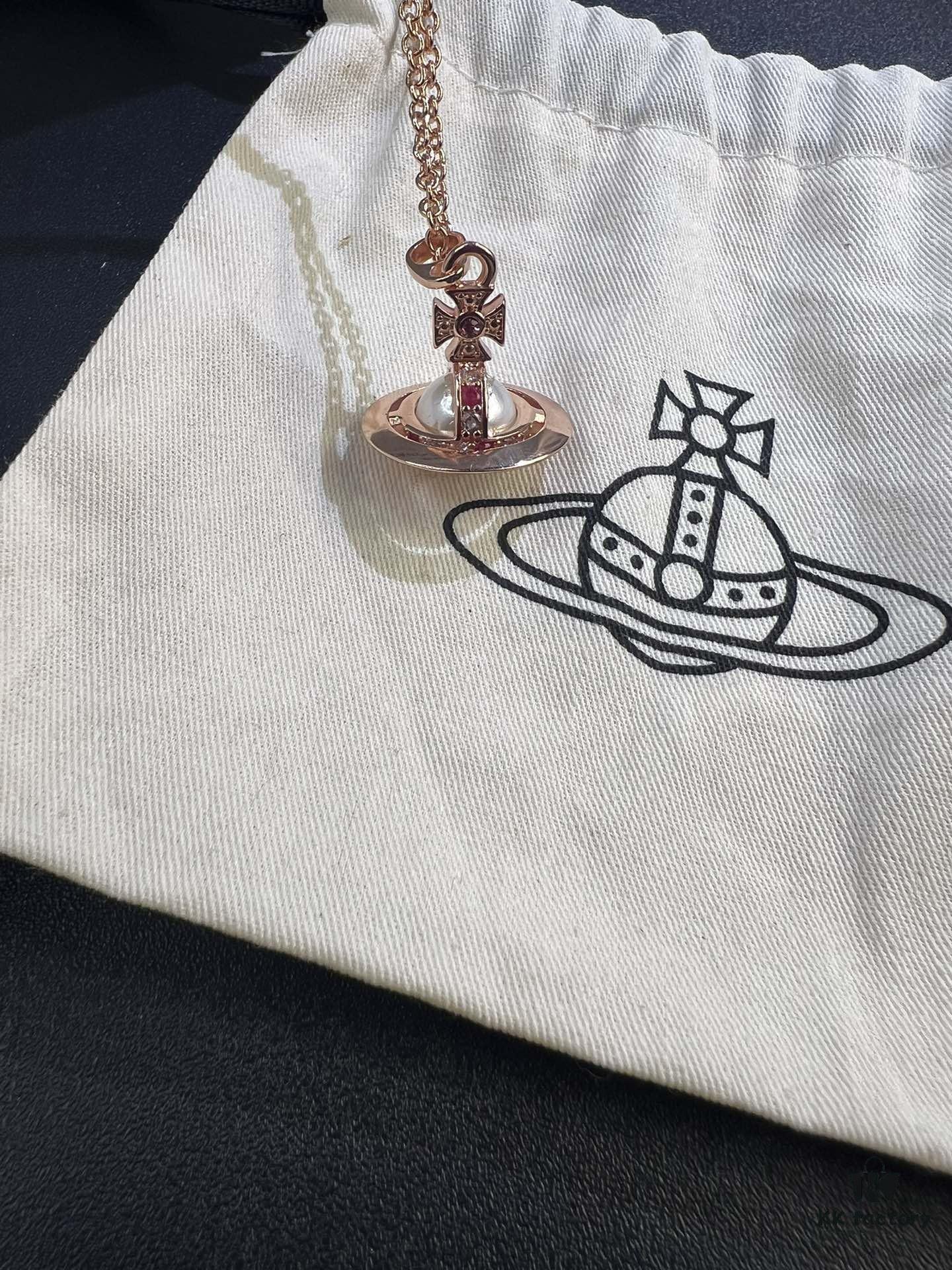 West Queen Rose Gold Pearl Pink Diamond Saturn Necklace