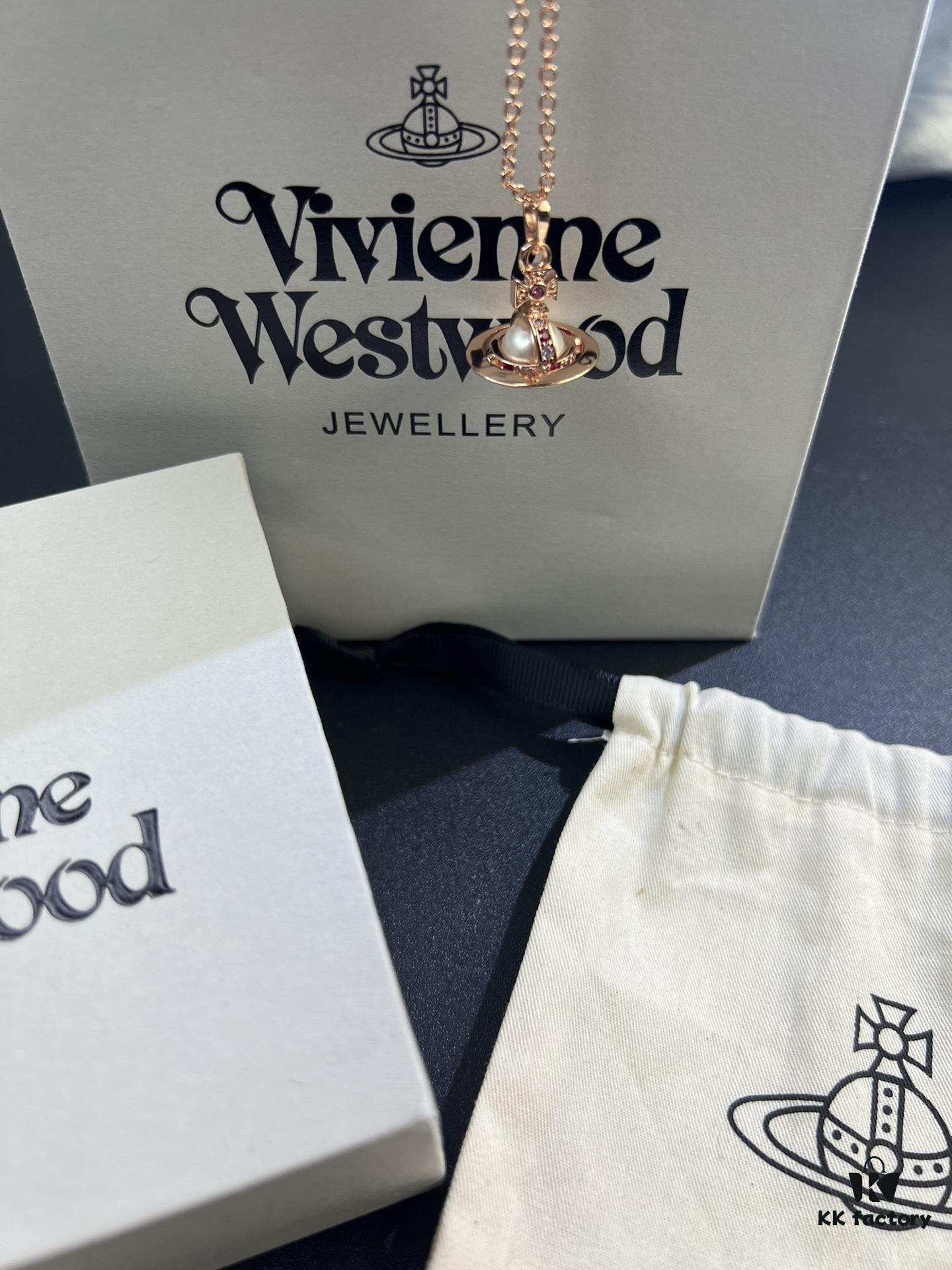 West Queen Rose Gold Pearl Pink Diamond Saturn Necklace