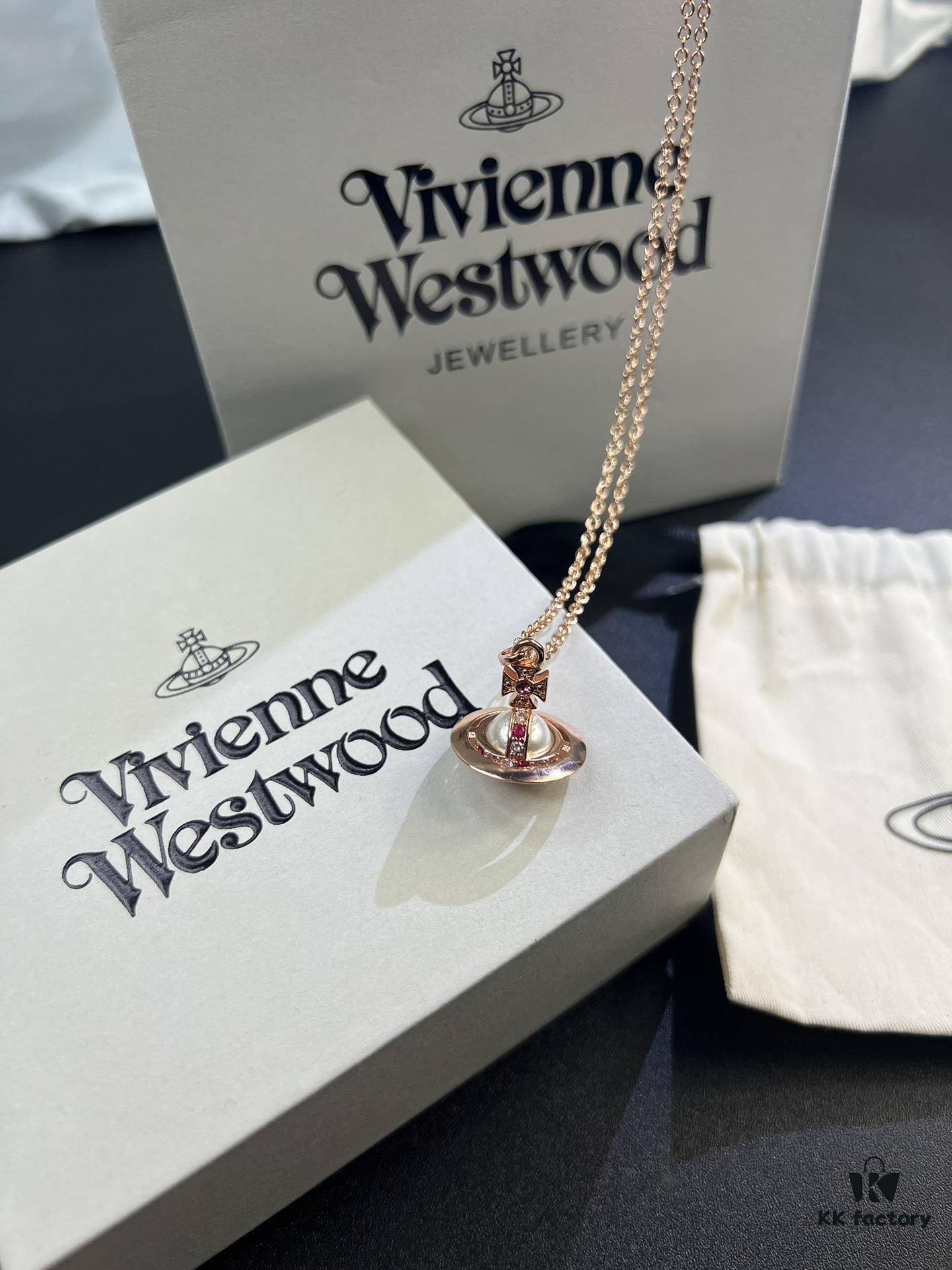 West Queen Rose Gold Pearl Pink Diamond Saturn Necklace