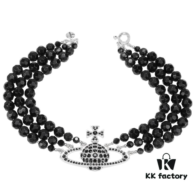 Vivienne Westwood Black Crystal Triple Saturn Necklace, Slimming Design