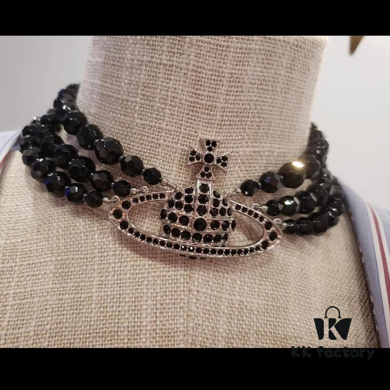 Vivienne Westwood Black Crystal Triple Saturn Necklace, Slimming Design