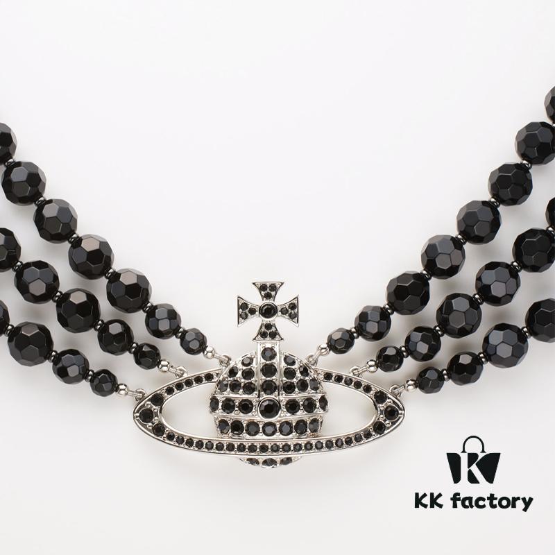 Vivienne Westwood Black Crystal Triple Saturn Necklace, Slimming Design