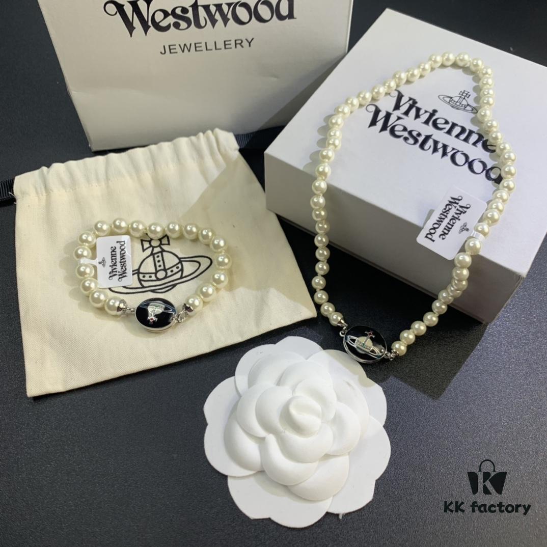 West Grandma Magnetic Saturn Pearl Necklace and Bracelet Set Available in 4 Colors