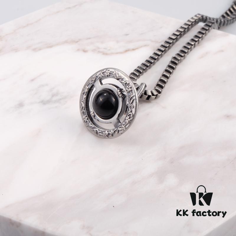 West Grandma Small Antique Silver 3D Carved Necklace - Black Beads