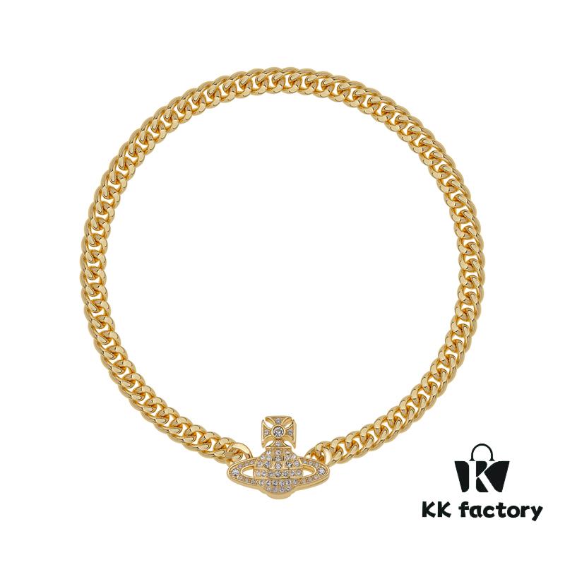 West Queen Full Diamond Magnetic Single-Layer P-Corner Chain Necklace - Gold