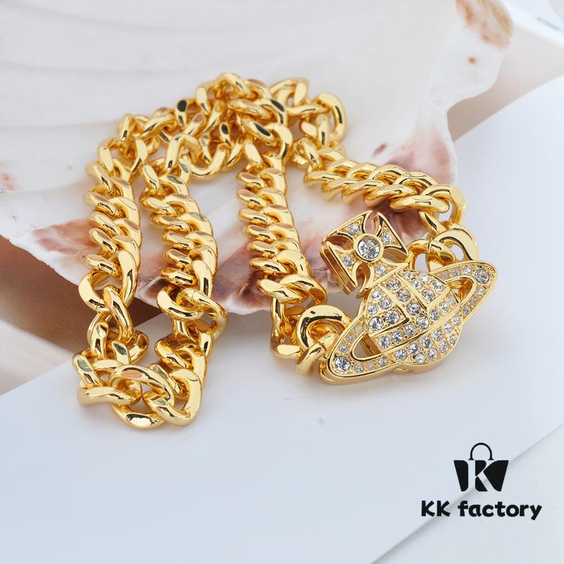 West Queen Full Diamond Magnetic Single-Layer P-Corner Chain Necklace - Gold