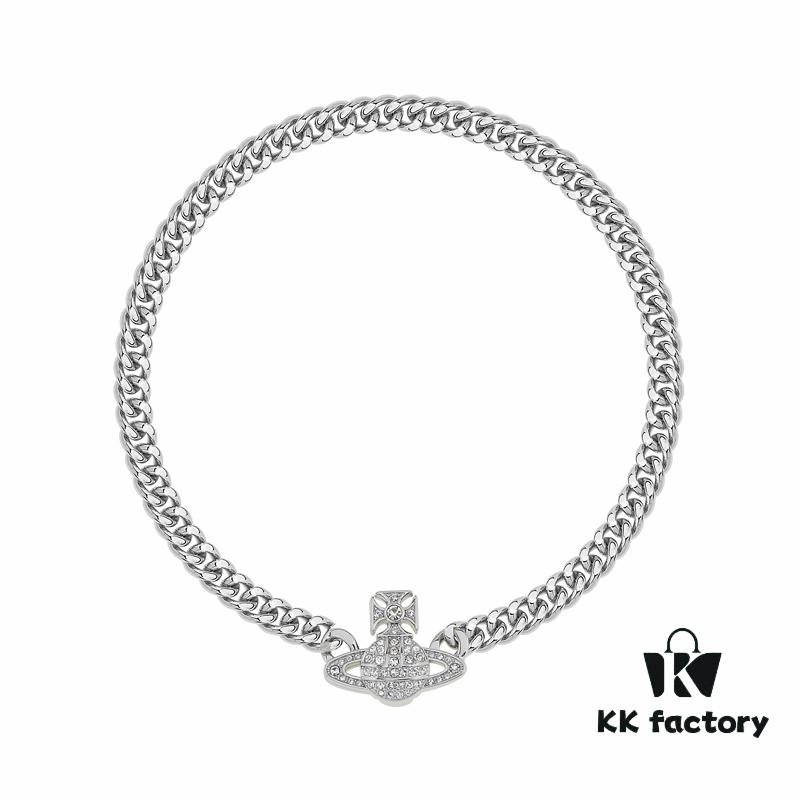 West Grandma Full Diamond Magnetic Single-Layer P-Shaped Link Necklace - White Gold Color