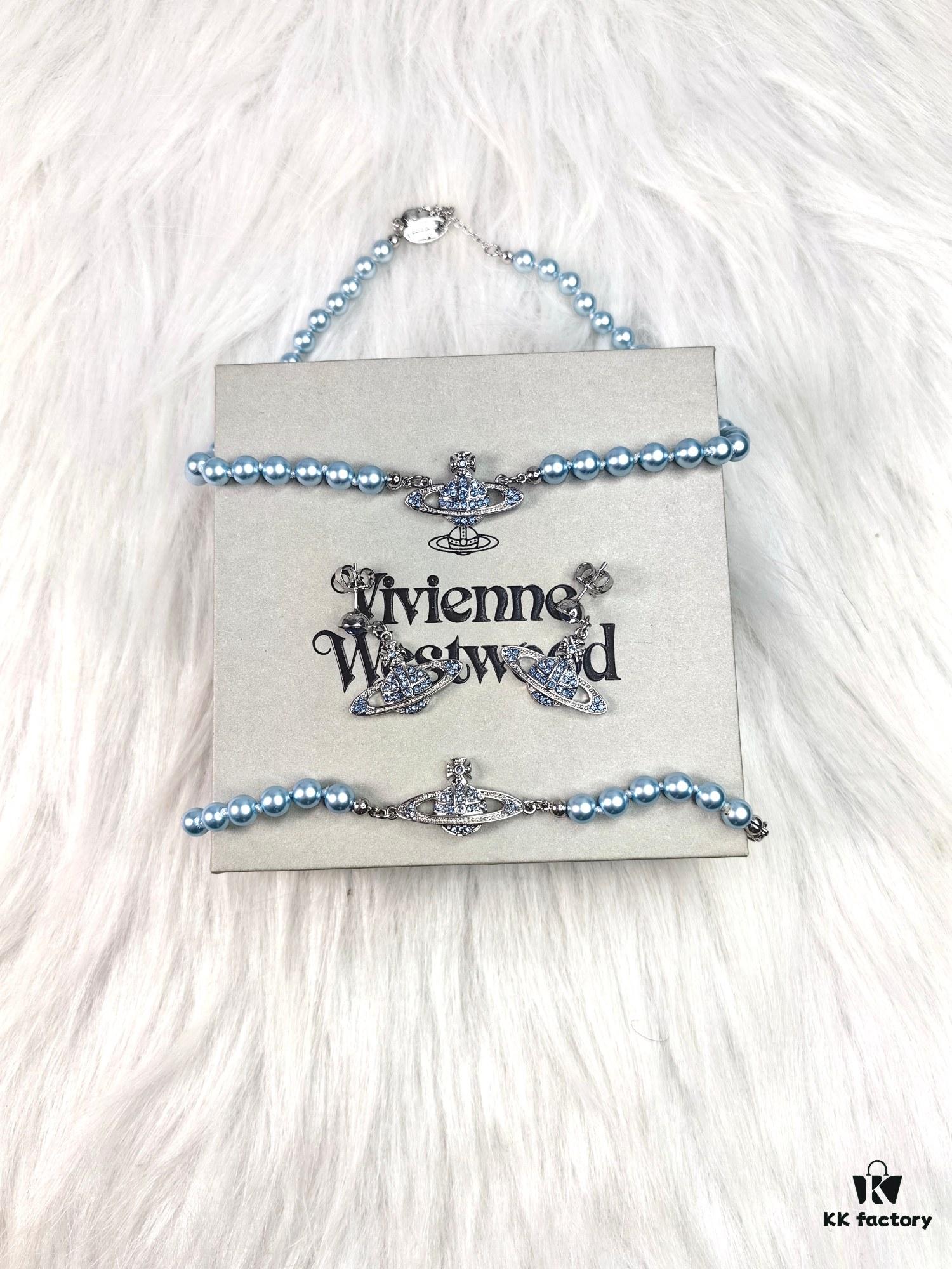 West Queen Blue Saturn Pearl Necklace, Bracelet, and Earring Set