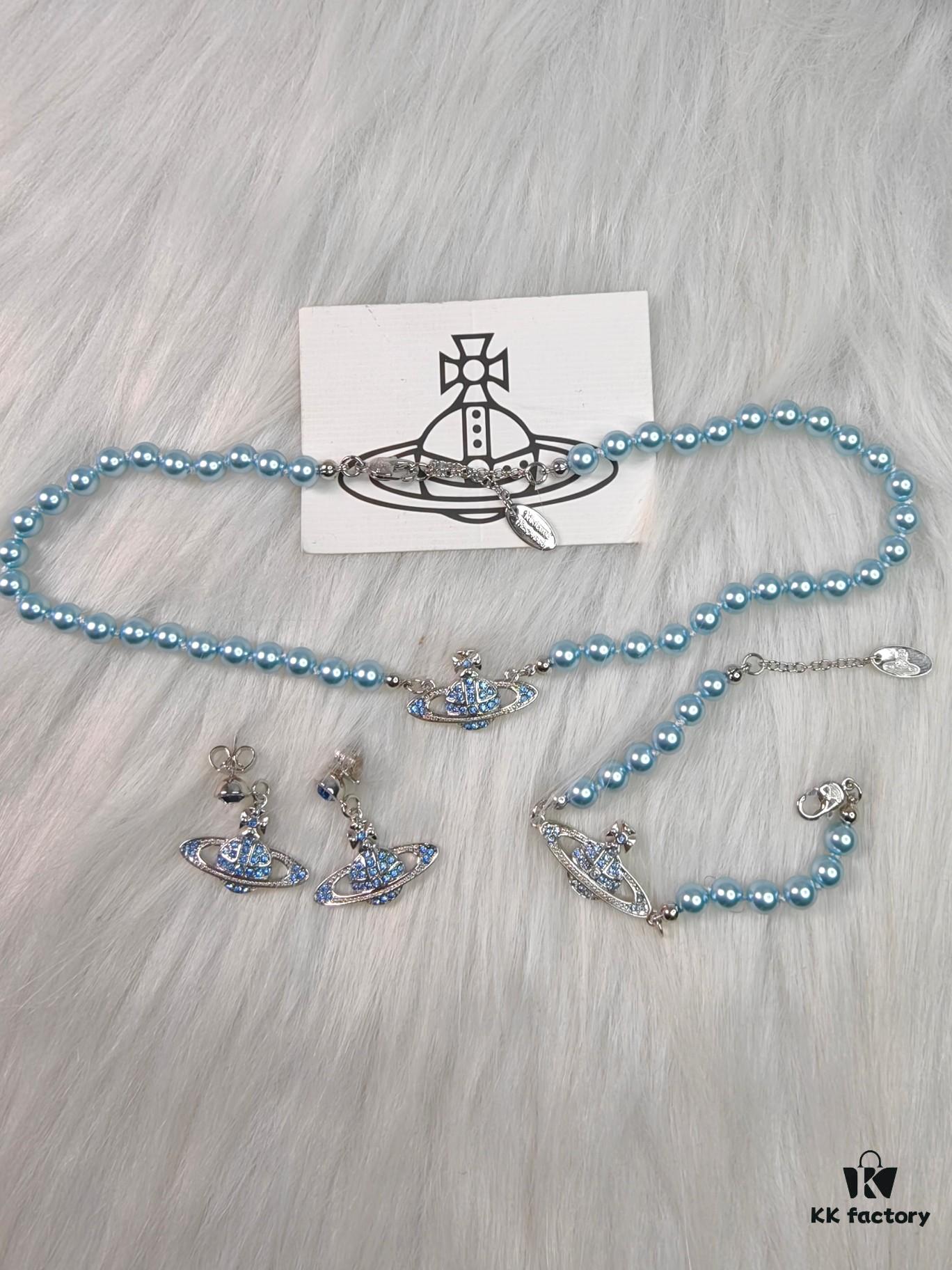 West Queen Blue Saturn Pearl Necklace, Bracelet, and Earring Set