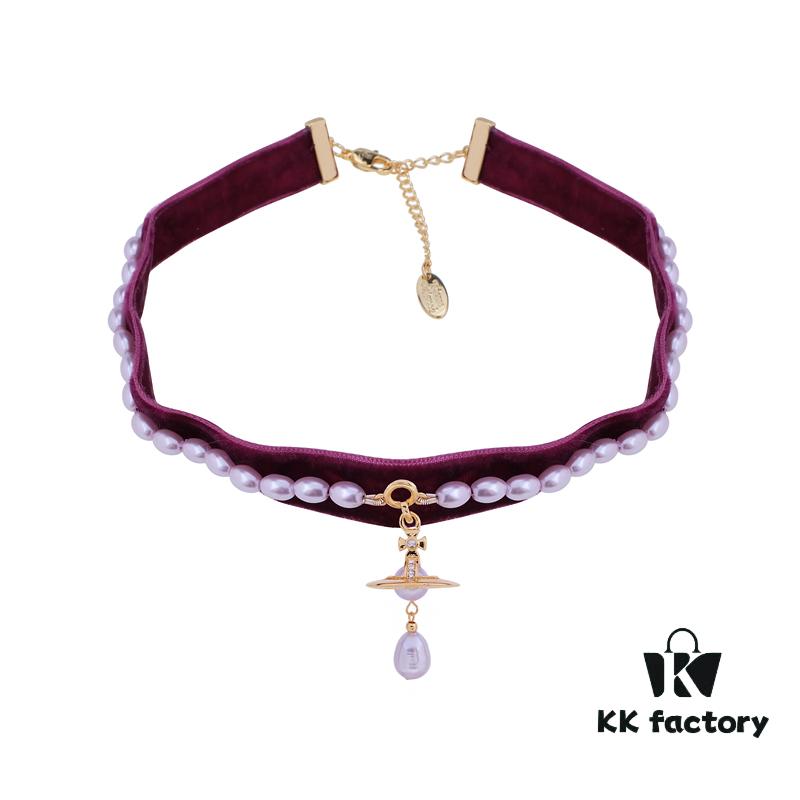 West Queen Baroque Single-Layer 3D Ribbon Necklace - Gold and Purple Beads