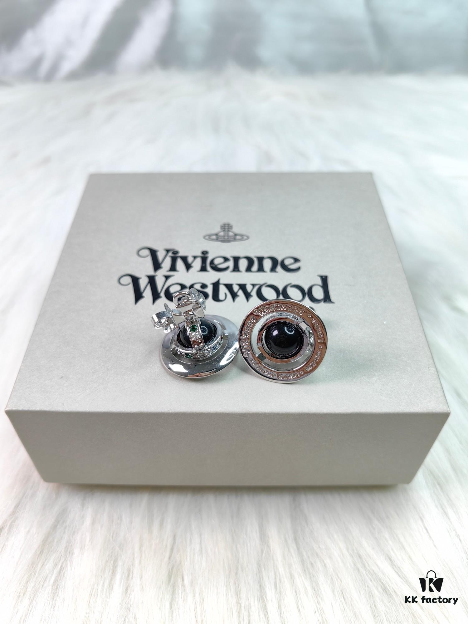 West Queen Black Glass Bead Earrings in White Gold Tone