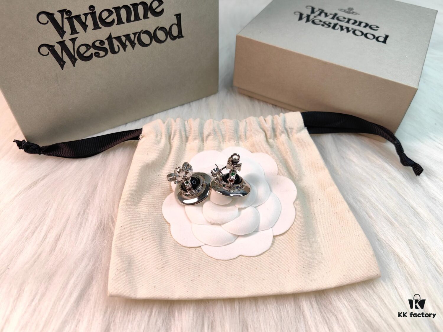 West Queen Black Glass Bead Earrings in White Gold Tone