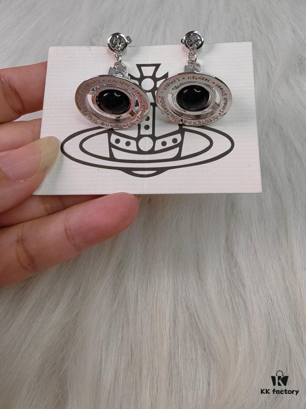 West Queen Black Glass Bead Earrings in White Gold Tone