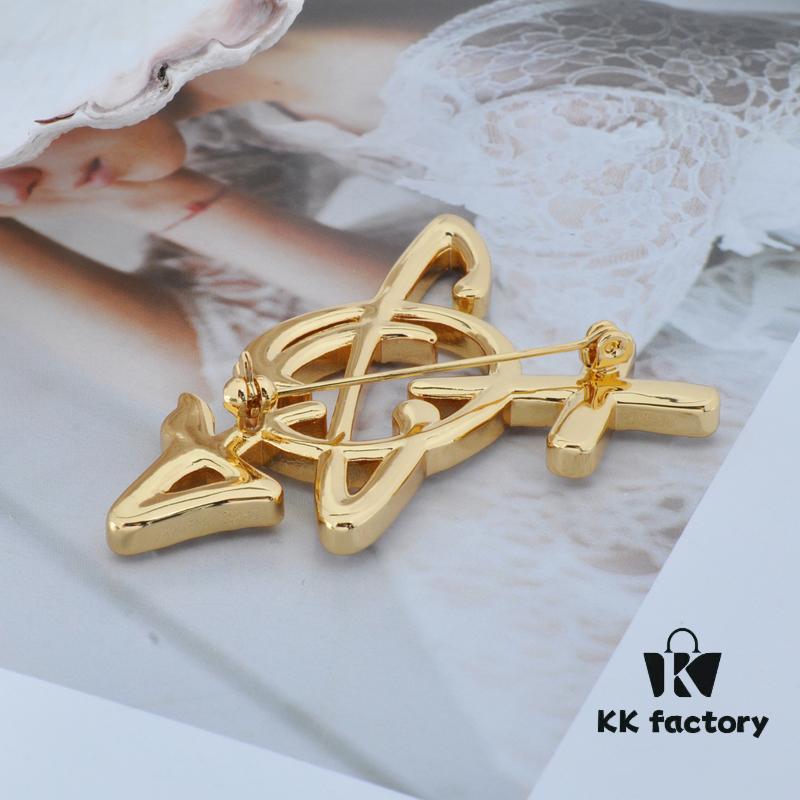 West Queen Full Diamond Line Arrow Saturn Brooch - Gold 6*5CM