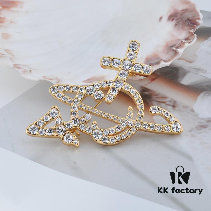West Queen Full Diamond Line Arrow Saturn Brooch - Gold 6*5CM