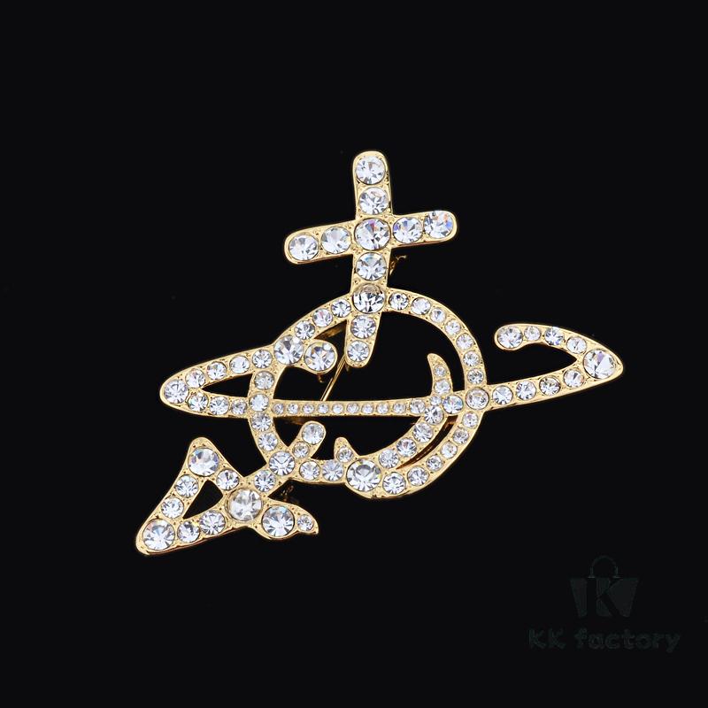 West Queen Full Diamond Line Arrow Saturn Brooch - Gold 6*5CM