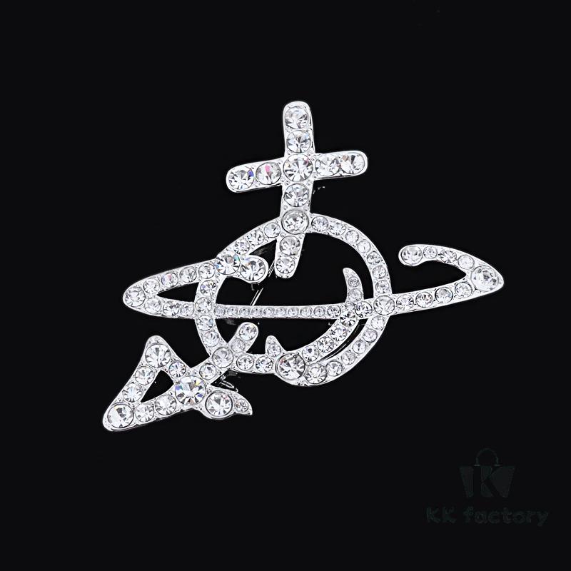 West Queen Full Diamond Arrow Saturn Brooch - Silver 6*5CM