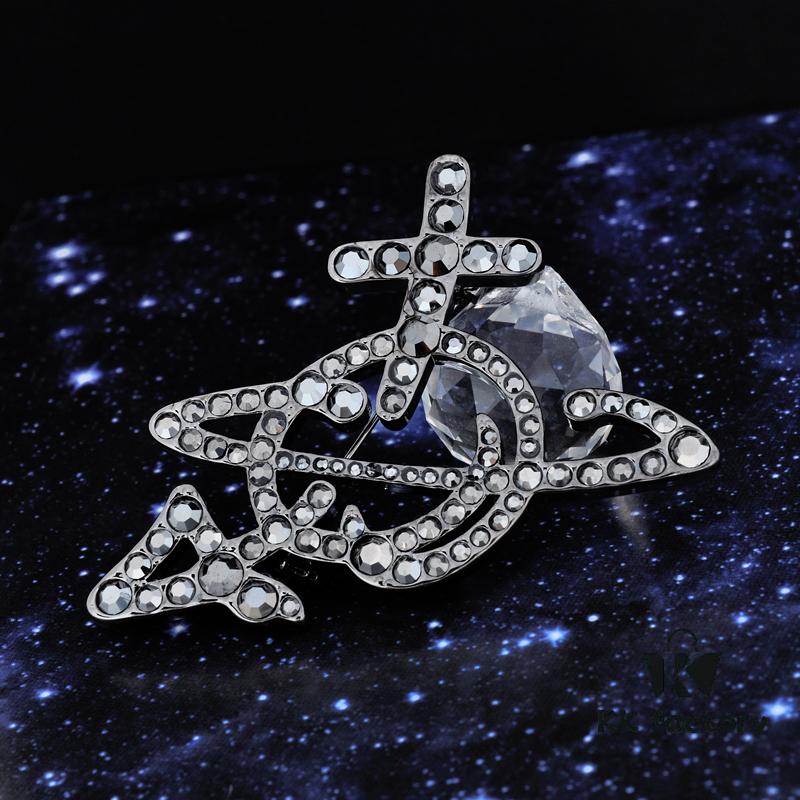 Vivienne Westwood Rhodium-Plated Full Diamond Arrow Saturn Brooch - Titanium Black