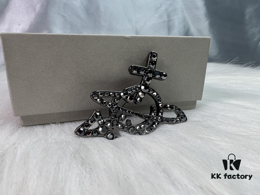 Vivienne Westwood Rhodium-Plated Full Diamond Arrow Saturn Brooch - Titanium Black