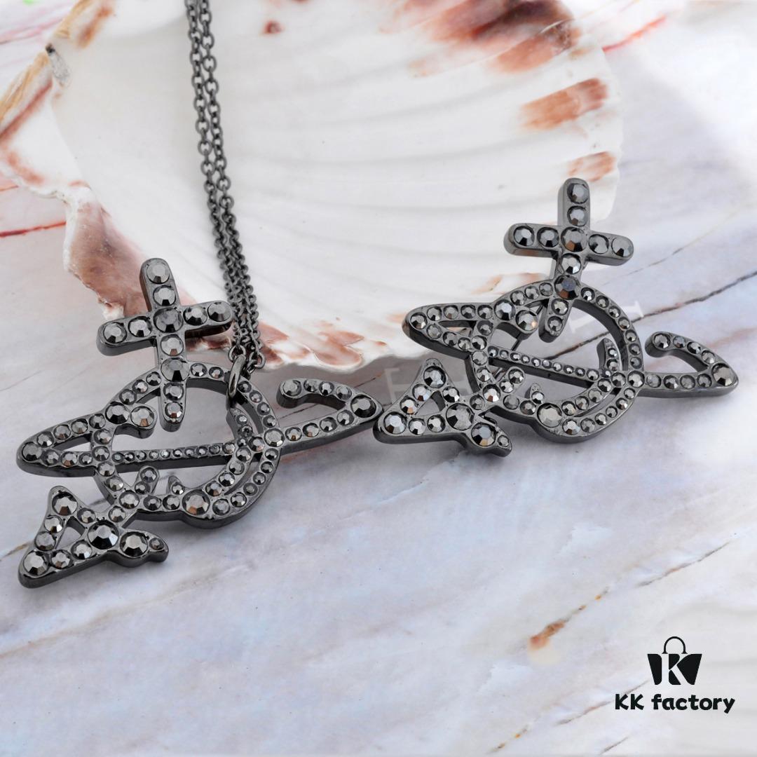 Vivienne Westwood Rhodium-Plated Full Diamond Arrow Saturn Brooch - Titanium Black