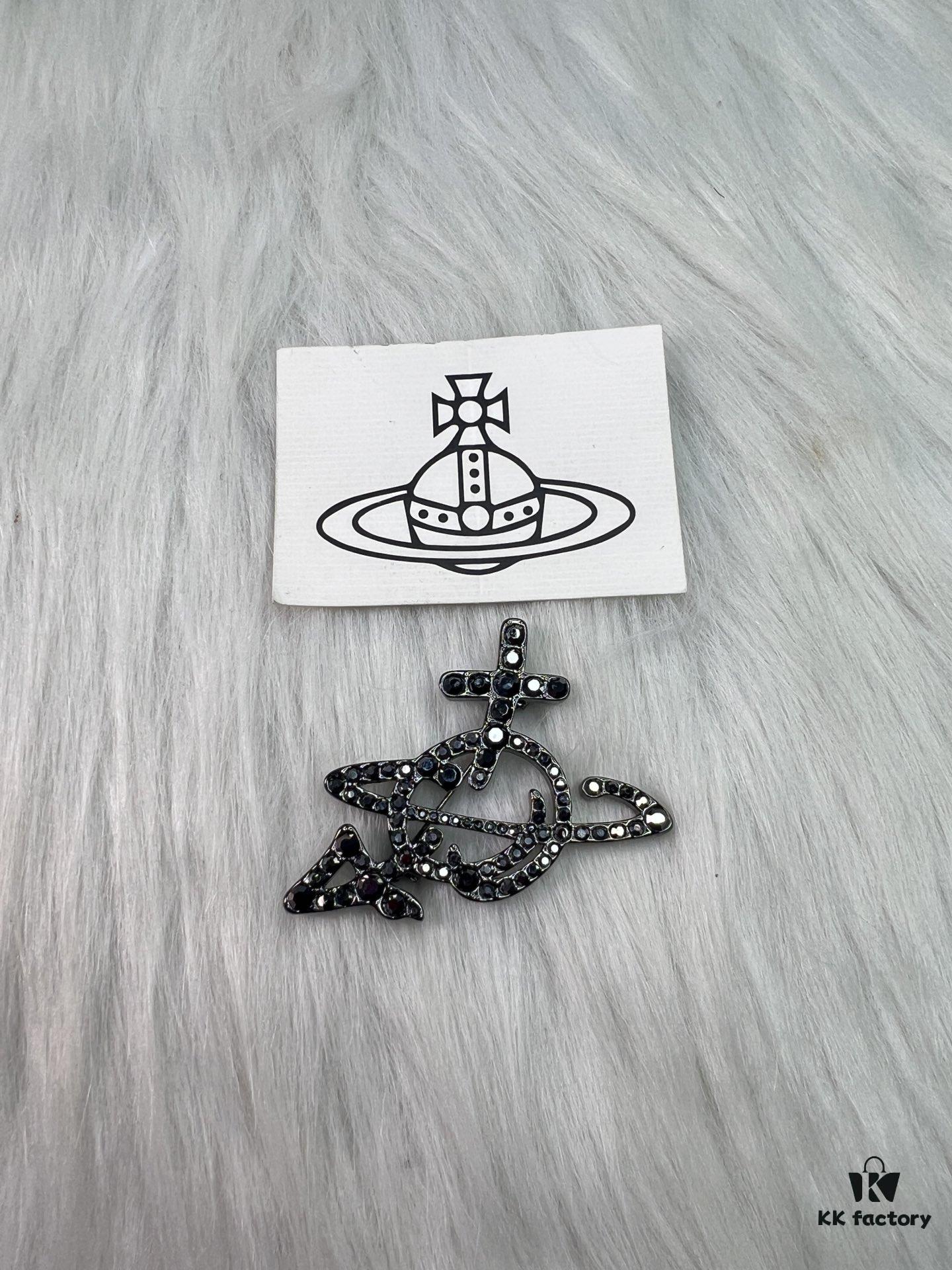 Vivienne Westwood Rhodium-Plated Full Diamond Arrow Saturn Brooch - Titanium Black