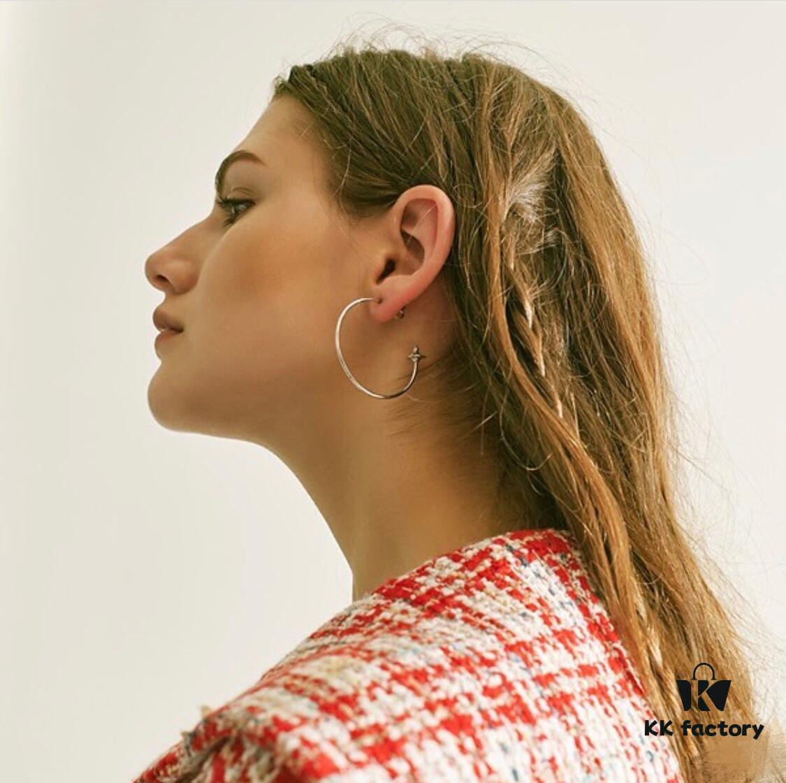 West Queen Large 3D Saturn Hoop Earrings 4CM Silver