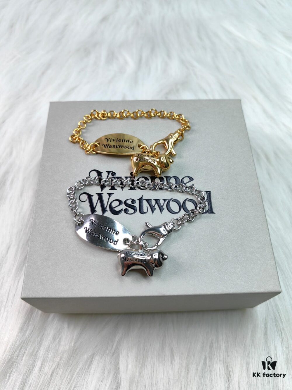 Vivienne Westwood Pig Bracelet in Gold and White Gold Color, In Stock