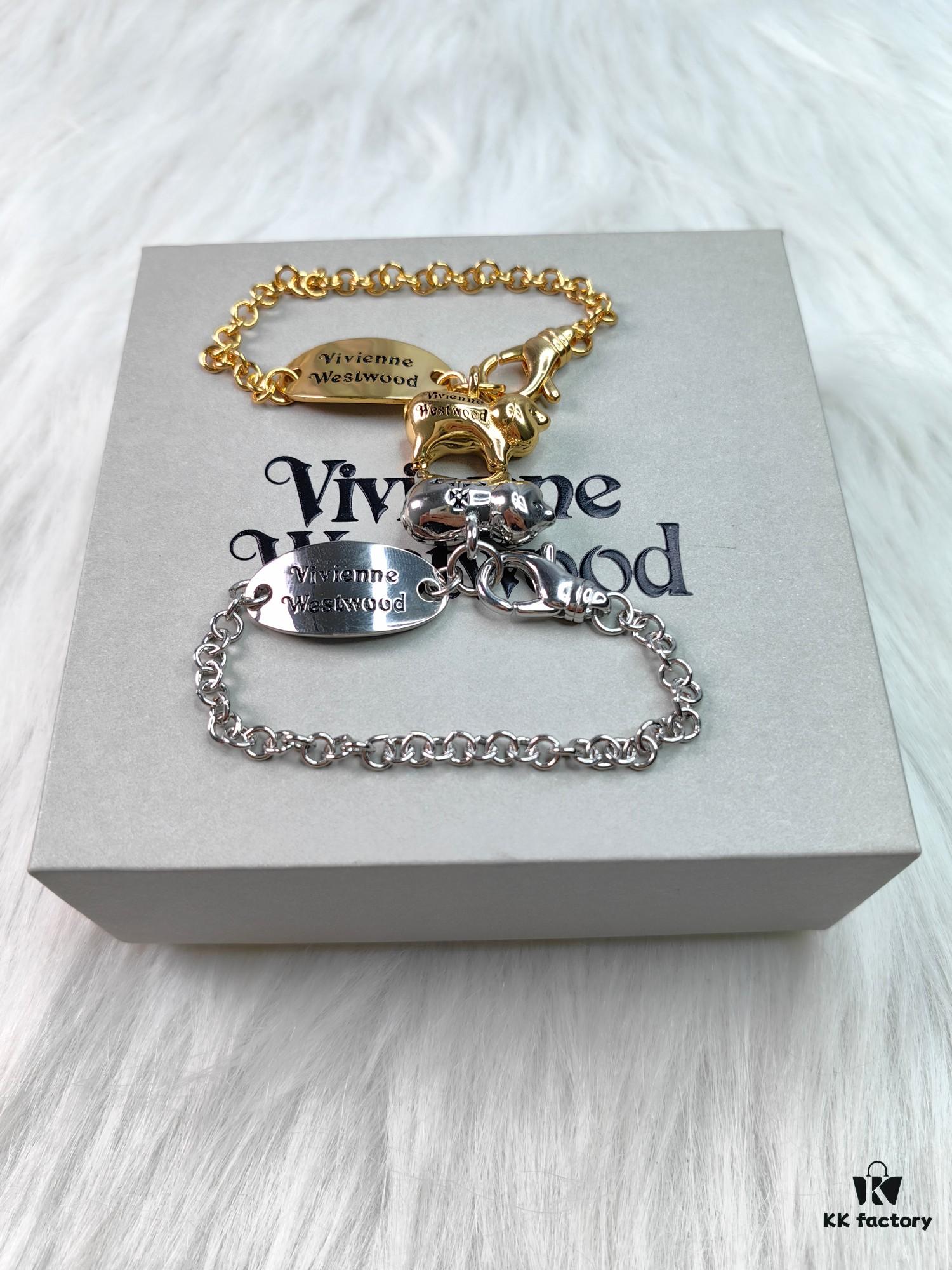 Vivienne Westwood Pig Bracelet in Gold and White Gold Color, In Stock