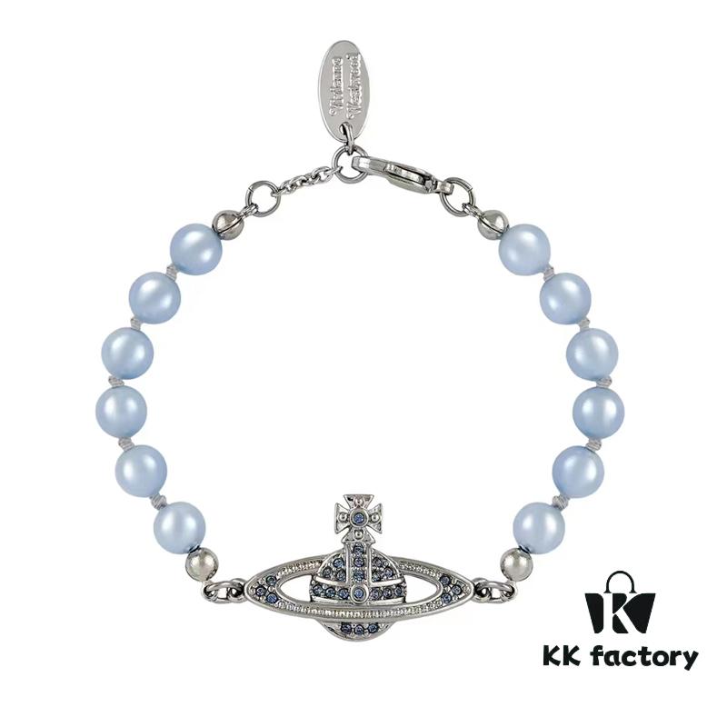 West Grandma Classic Single-Layer Pearl Saturn Bracelet Necklace - Silver Gray Blue