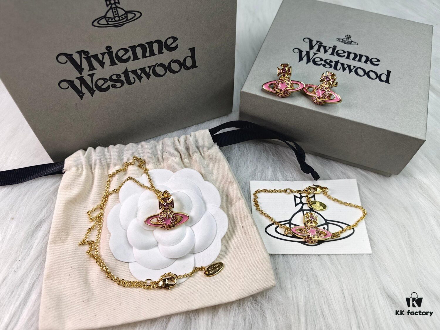 Vivienne Westwood Gold Plated Pink Star Necklace, Bracelet, and Stud Earrings Set