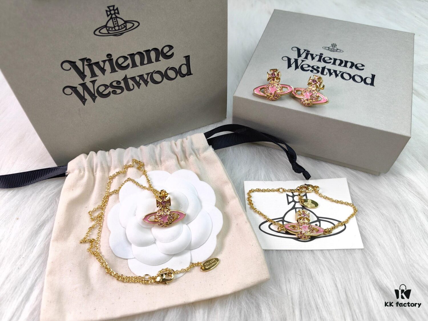 Vivienne Westwood Gold Plated Pink Star Necklace, Bracelet, and Stud Earrings Set