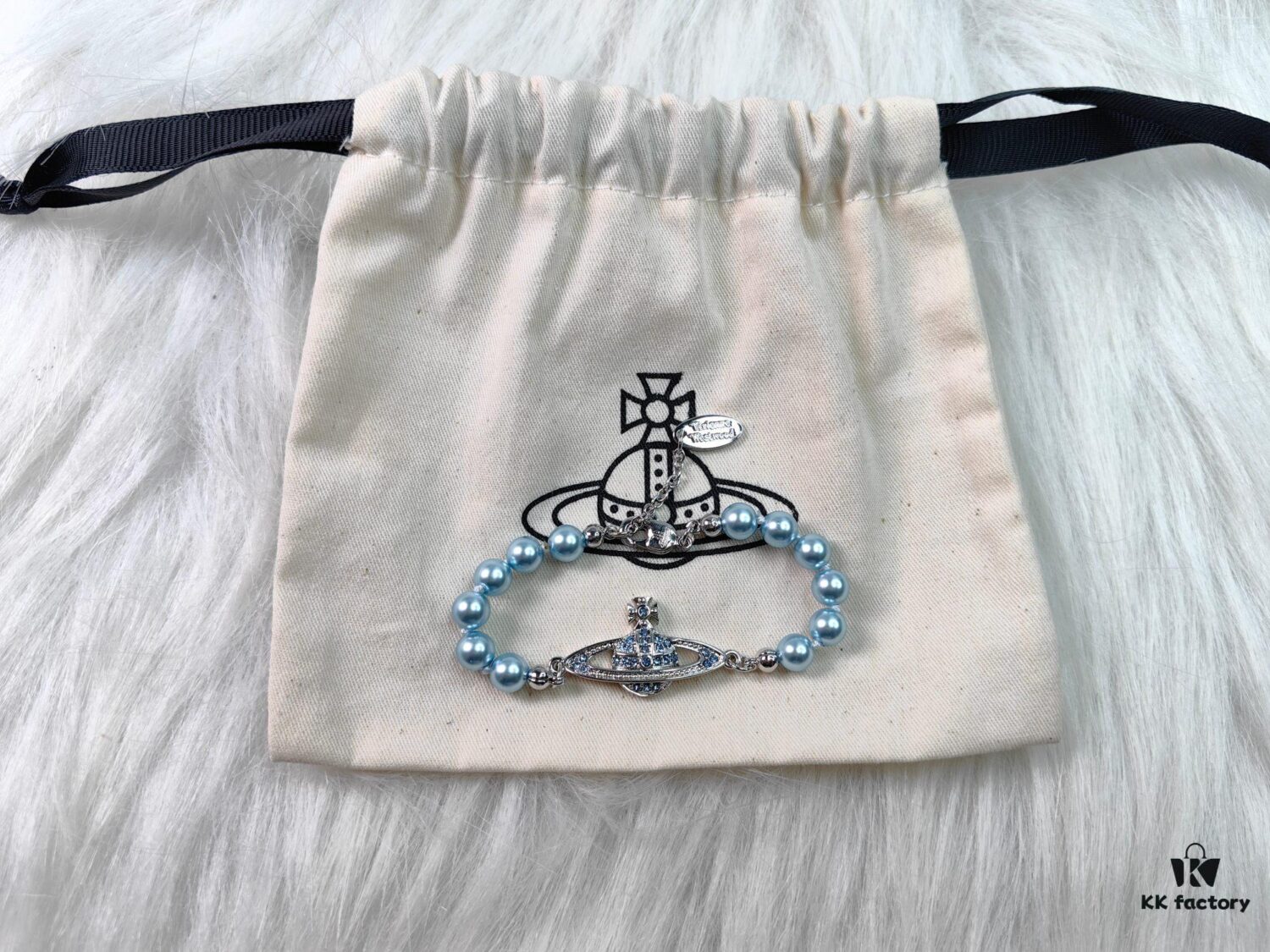 West Grandma Classic Single-Layer Pearl Saturn Bracelet Necklace - Silver Gray Blue