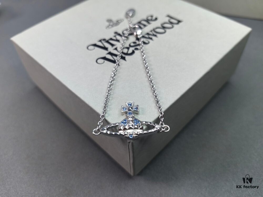 West Grandma Rivet Saturn Bracelet and Necklace Deep Navy Blue Diamond - White Gold Color