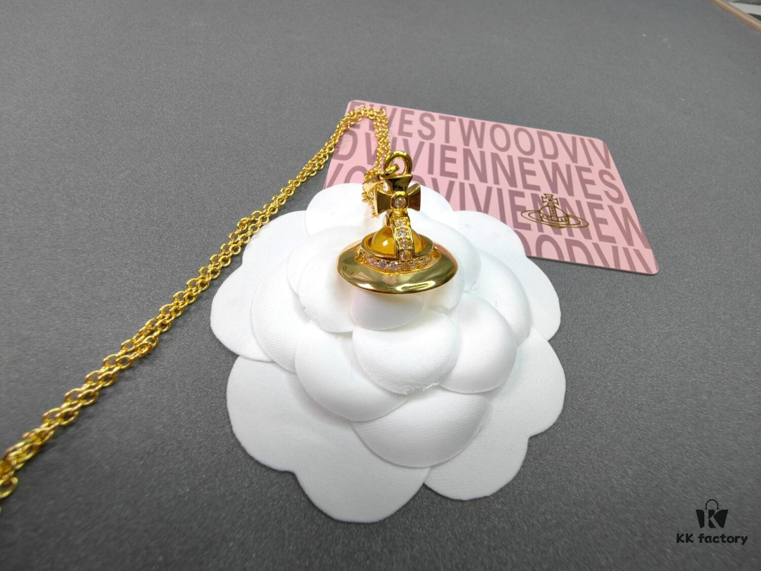 West Queen Saturn 3D Yellow Gold-Tone Glass Bead Necklace