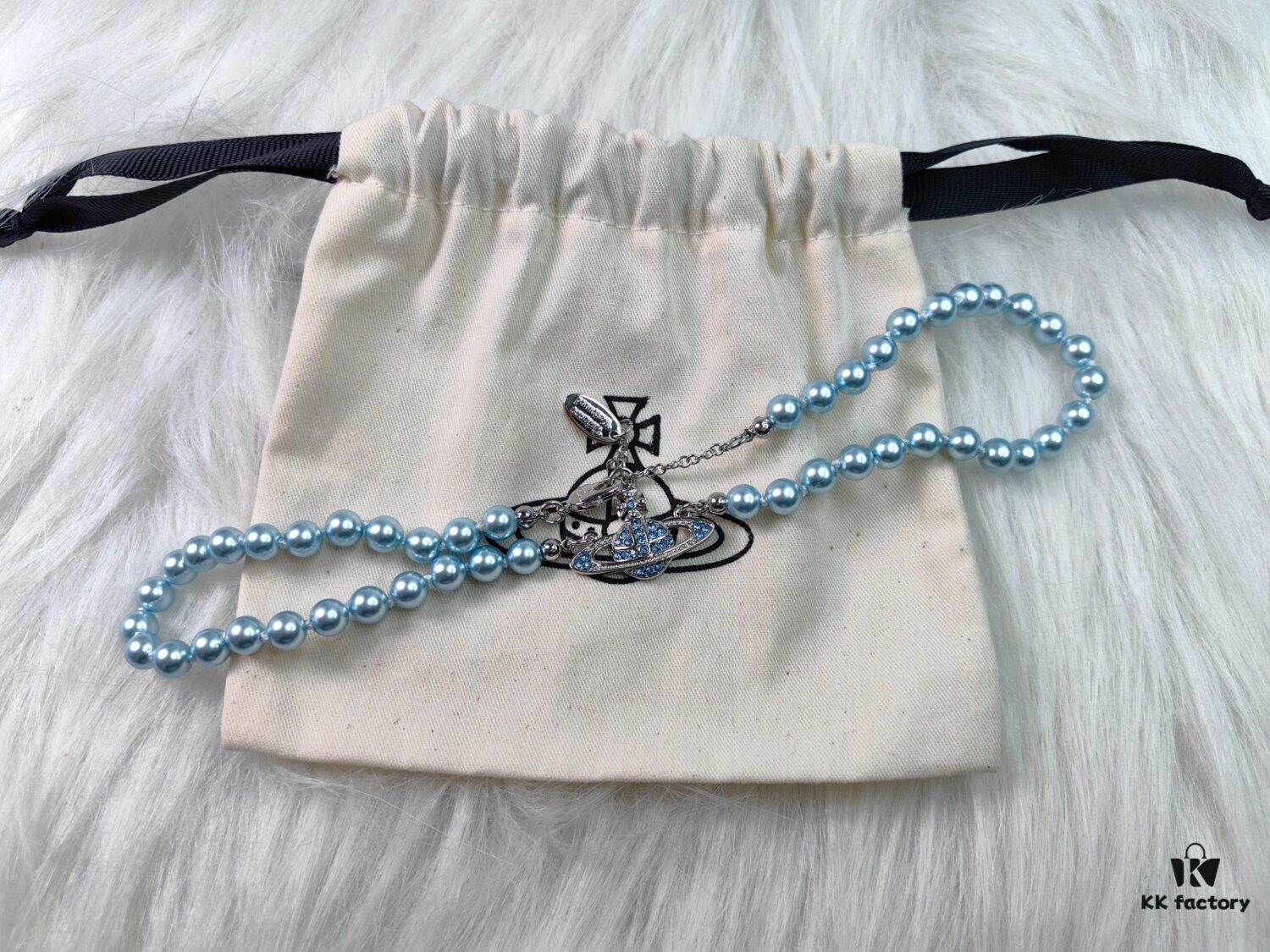 West Grandma Classic Single-Layer Pearl Saturn Bracelet Necklace - Silver Gray Blue