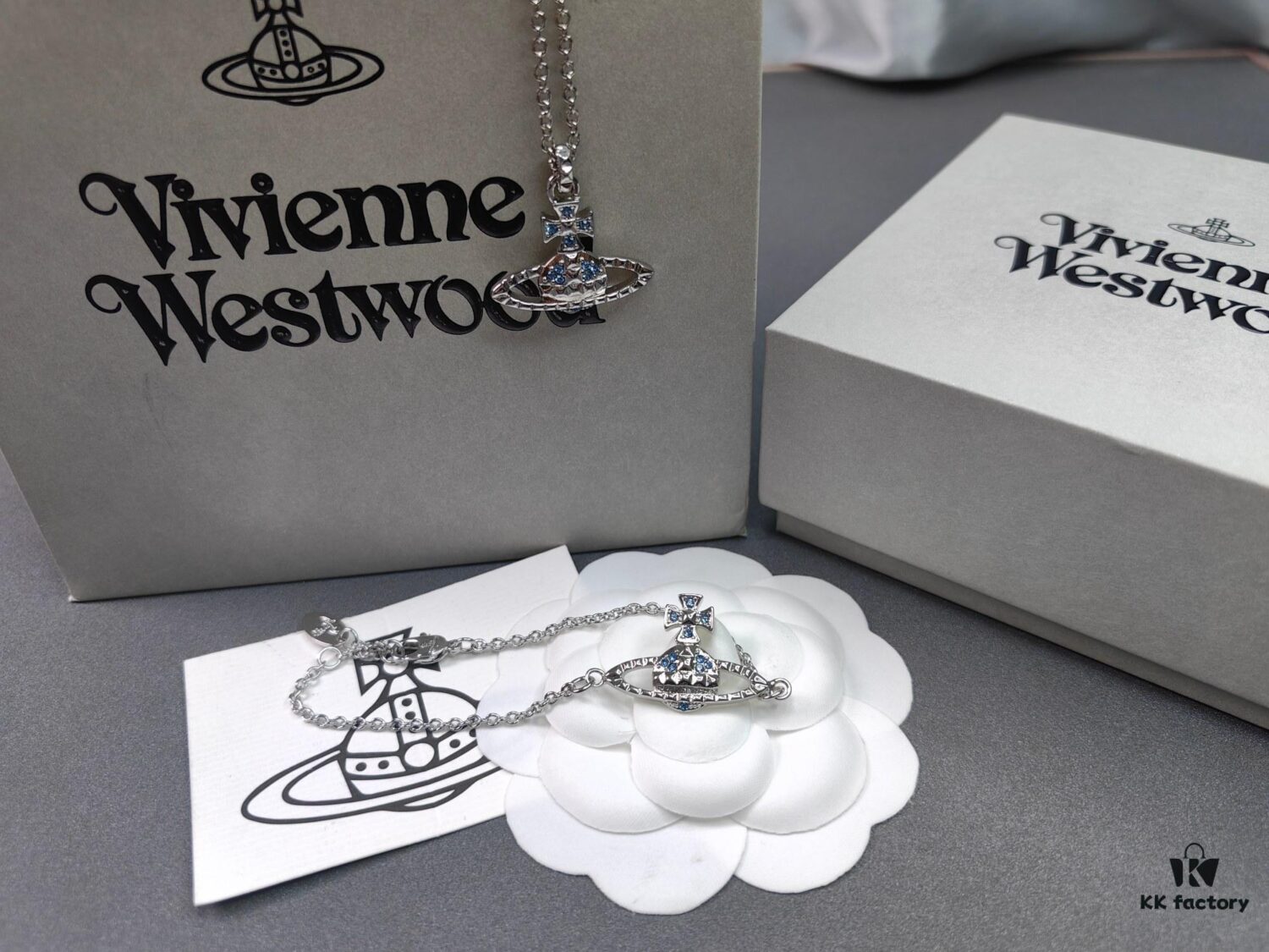 West Grandma Rivet Saturn Bracelet and Necklace Deep Navy Blue Diamond - White Gold Color