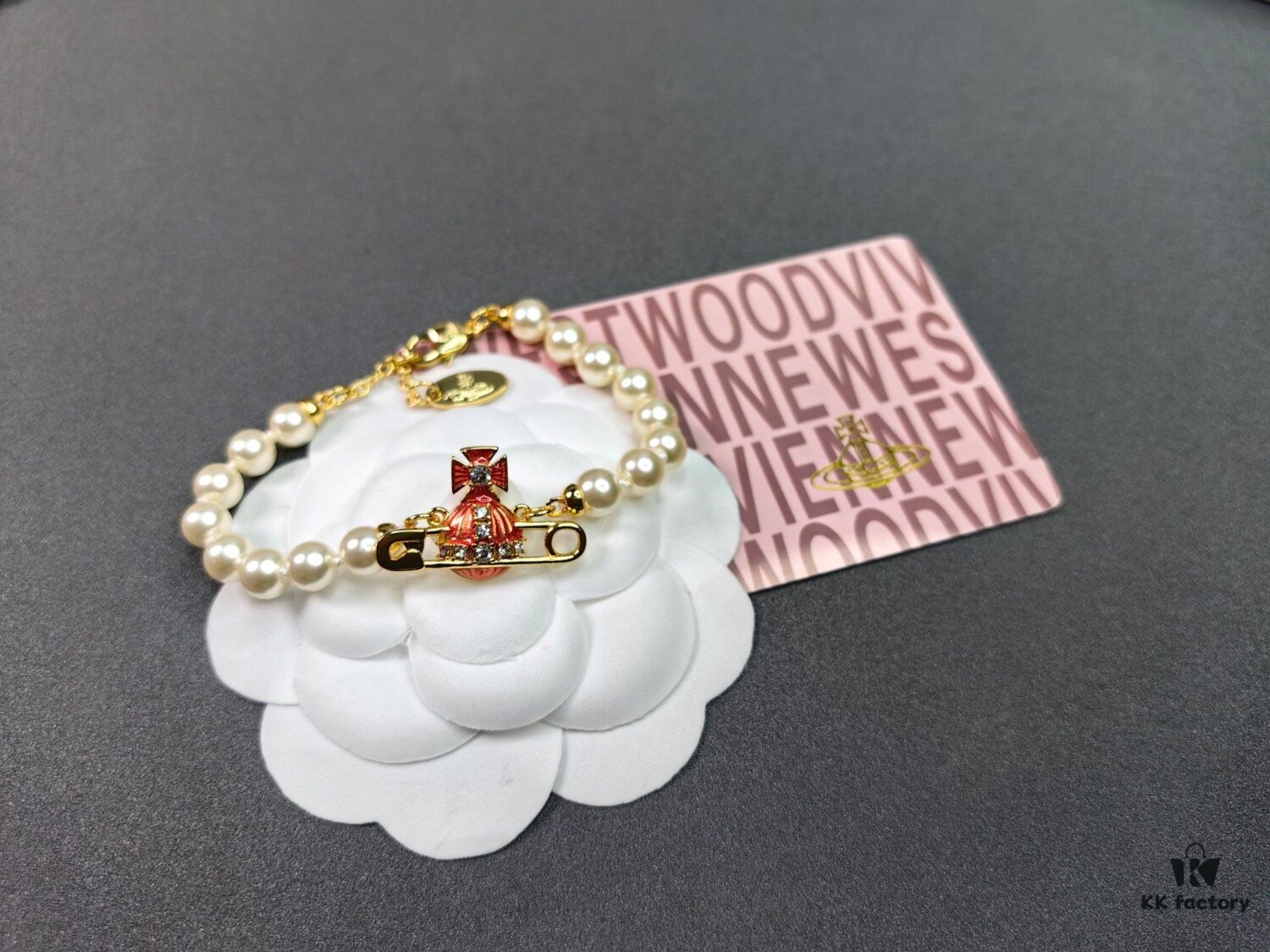 West Queen Enamel Saturn Brooch Orange Necklace and Bracelet, Pearl Necklace and Bracelet Set