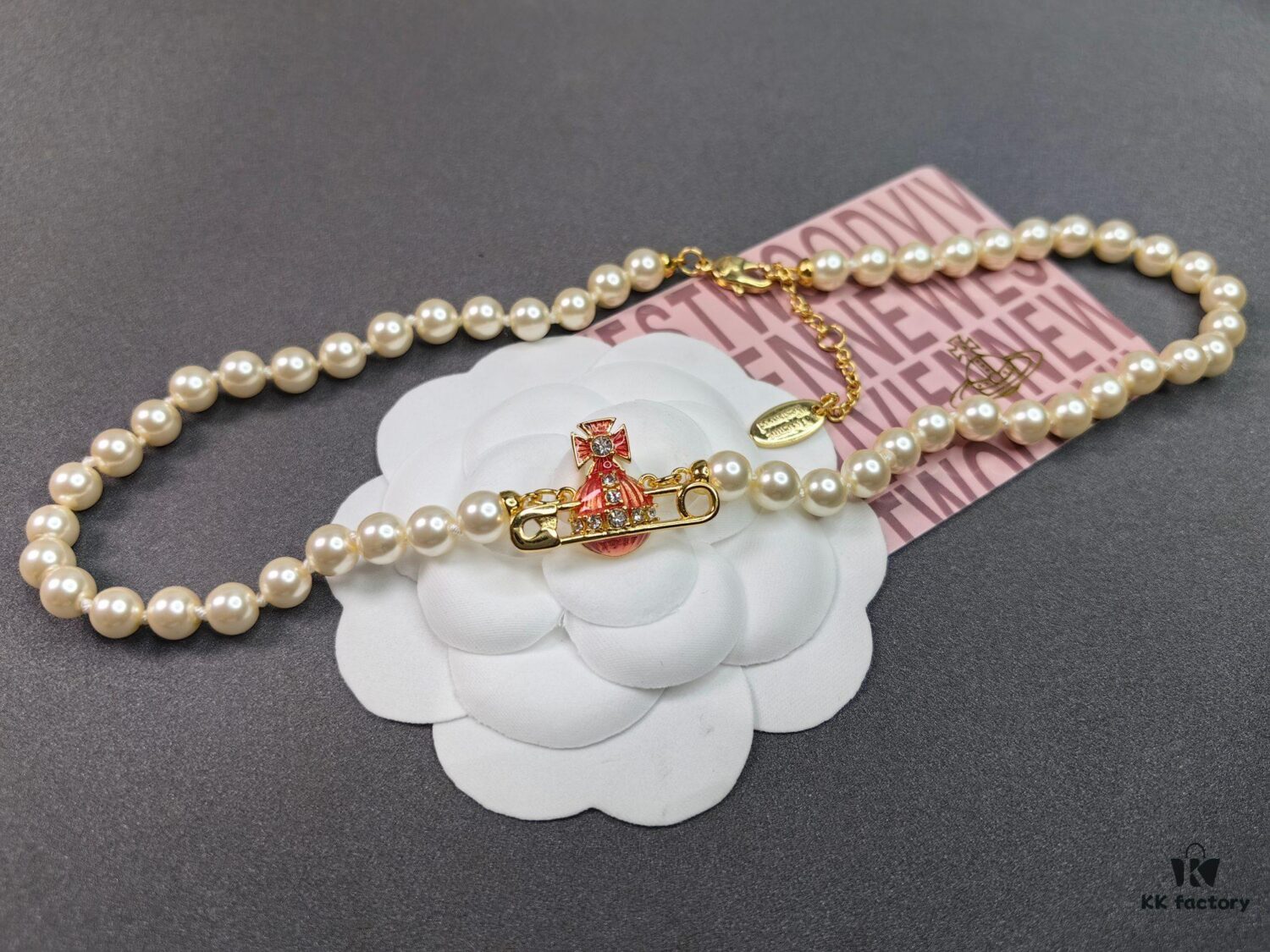 West Queen Enamel Saturn Brooch Orange Necklace and Bracelet, Pearl Necklace and Bracelet Set