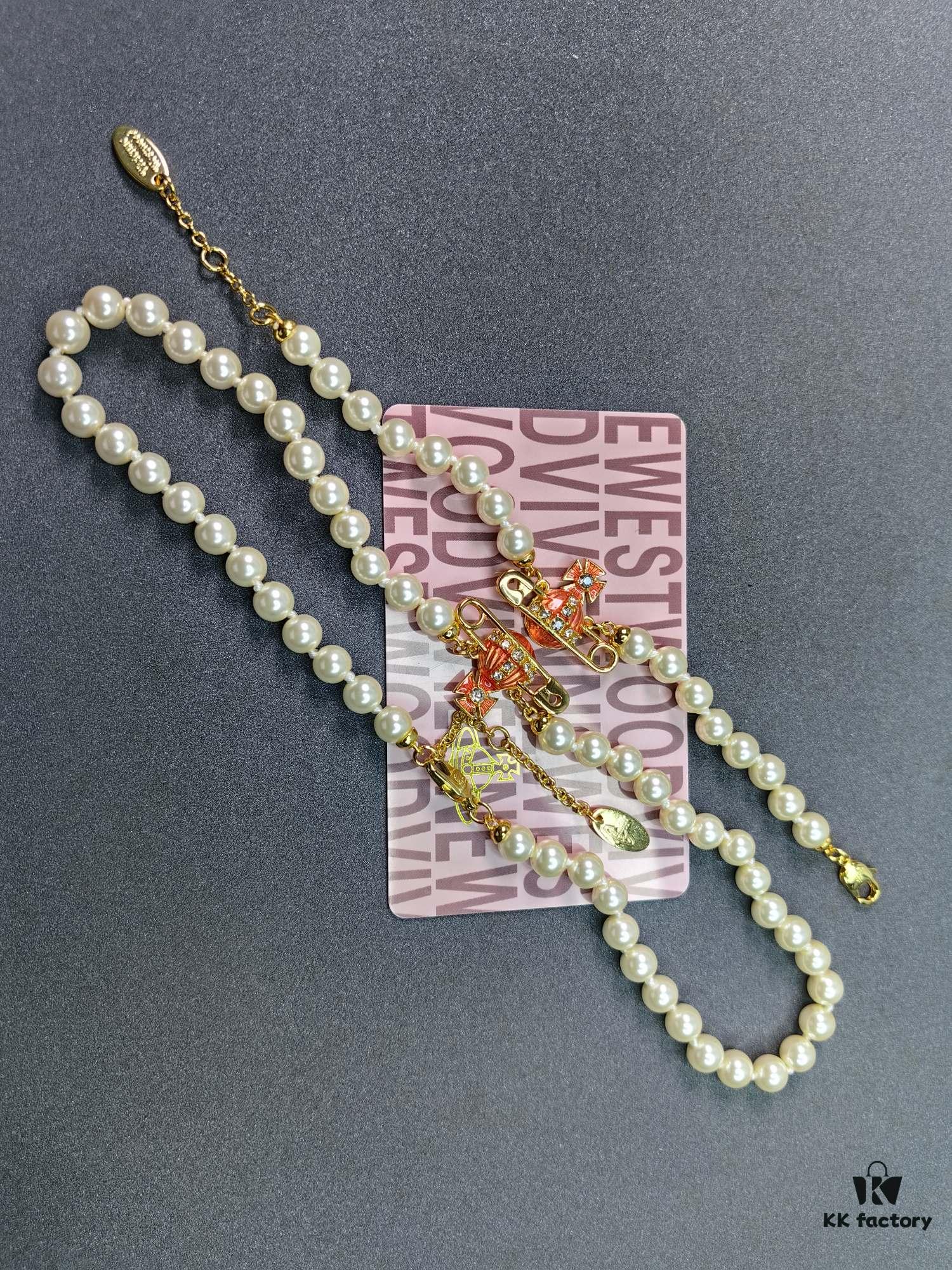 West Queen Enamel Saturn Brooch Orange Necklace and Bracelet, Pearl Necklace and Bracelet Set